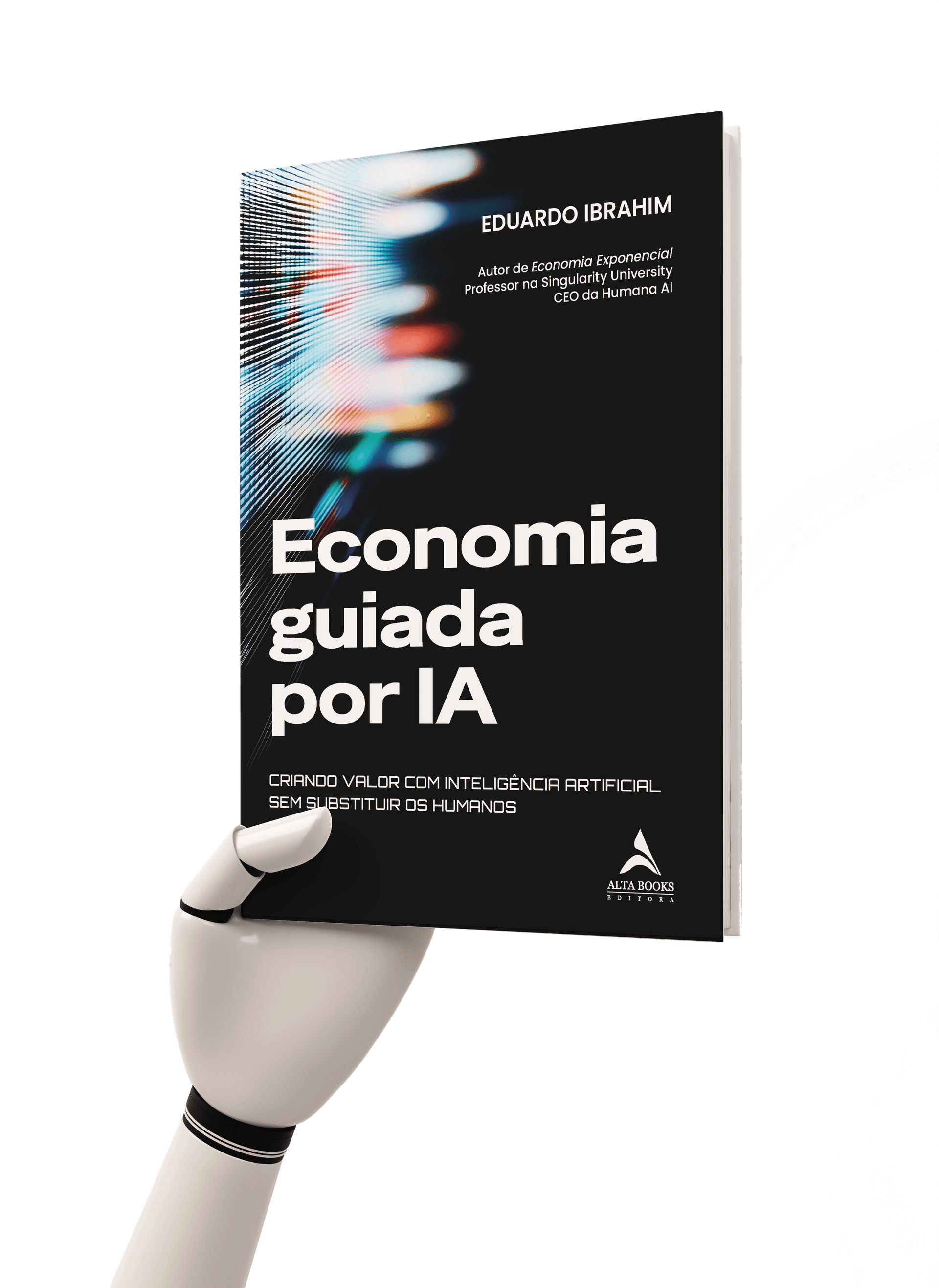 Mão segurando livro Economia guiada por IA